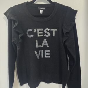 Karl Lagerfeld Rhinestone C'est La Vie Black Flutter Sleeve Sweater Medium-NWT
